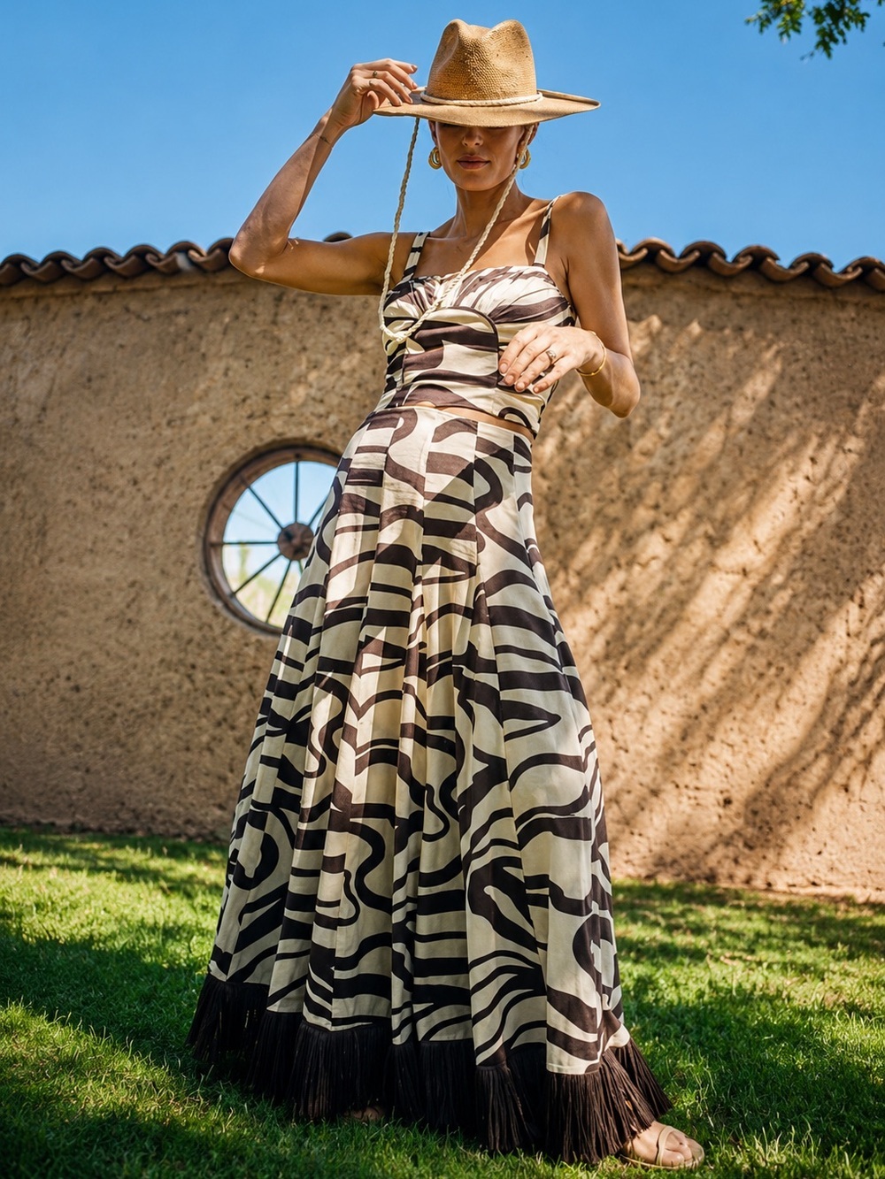 NWT Antonio Melani MG Style Fringe Linen Blend Maxi Raffia Skirt Set Brown~SZ 10 - Picture 3 of 14